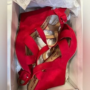 Red Wedge Sandals with Buckle